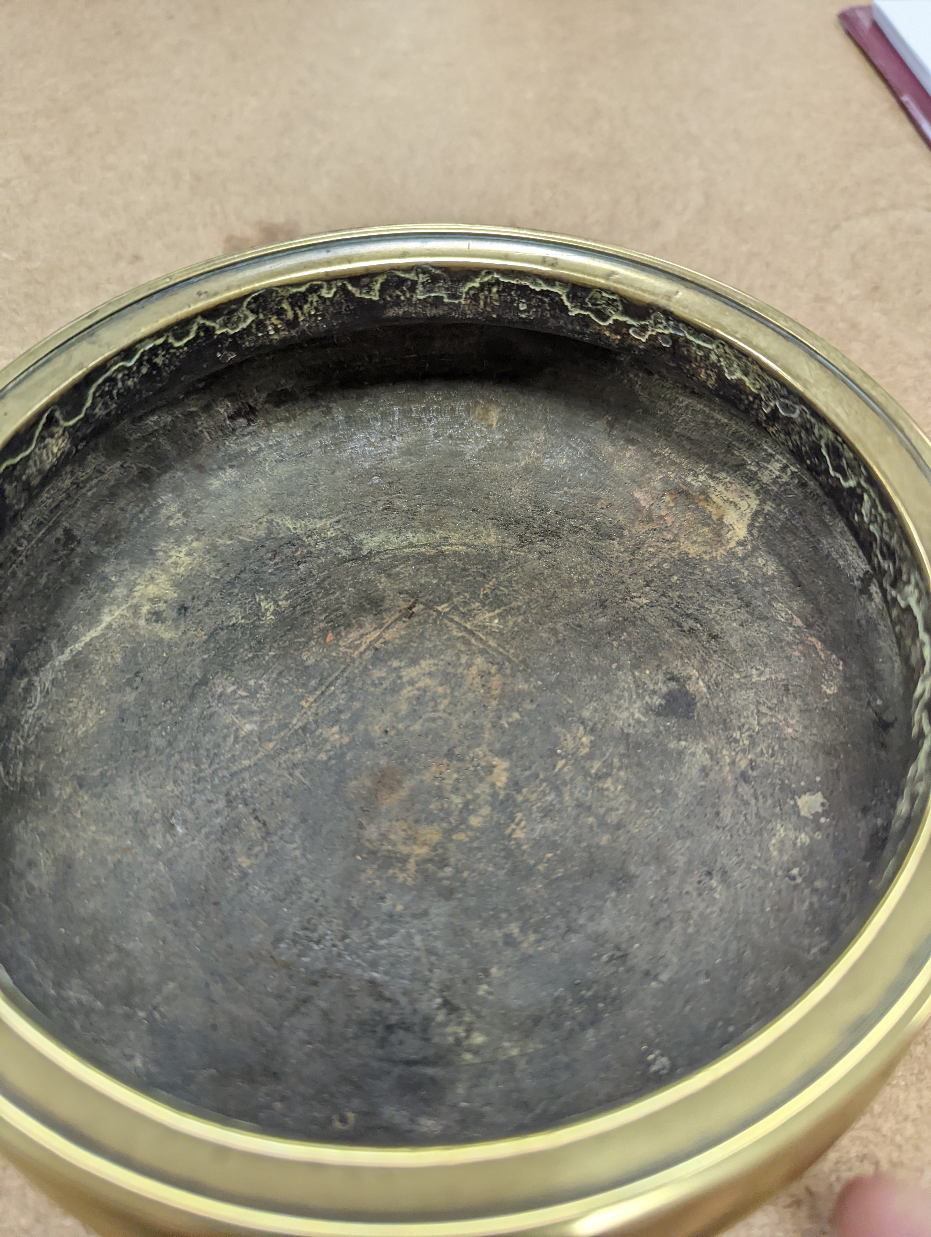 A Chinese bronze censer, ding, Xuande mark, 18th / 19th century, diameter 16.6cm, height 6.7cm